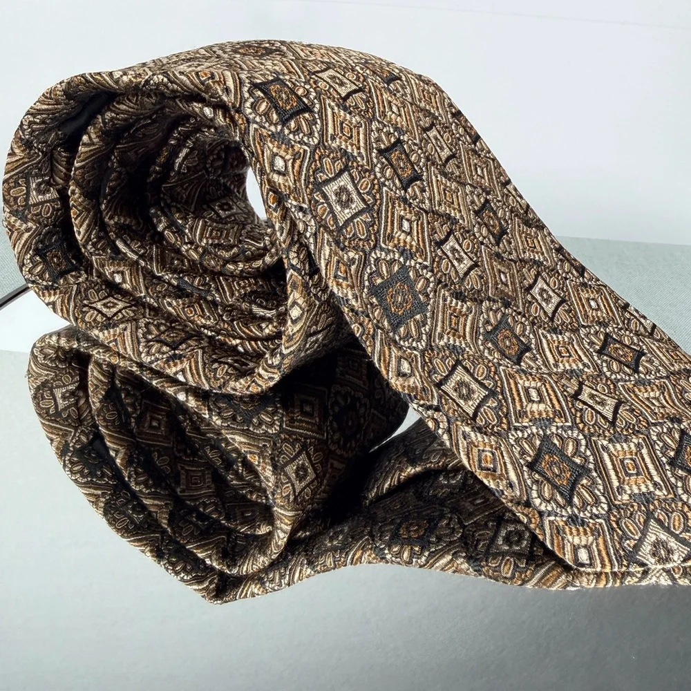 Bruno Piattelli Roma Extra Long Mens Silk Necktie Bronze Gold Geometric Print